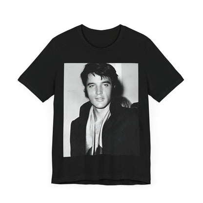 A black graphic t-shirt featuring a black and white rock and roll portrait photo of Elvis Presley.