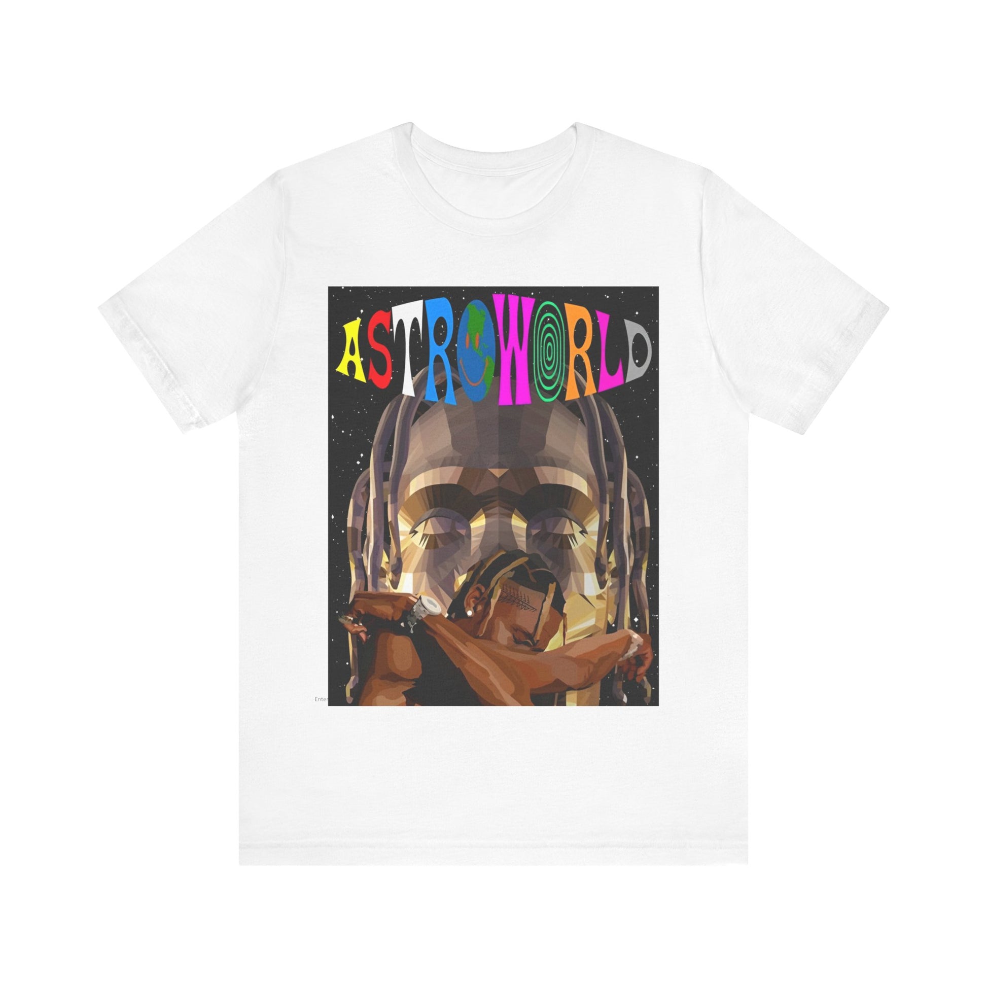 A black graphic t-shirt featuring a graphic related to Travis Scott's Astroworld album era.