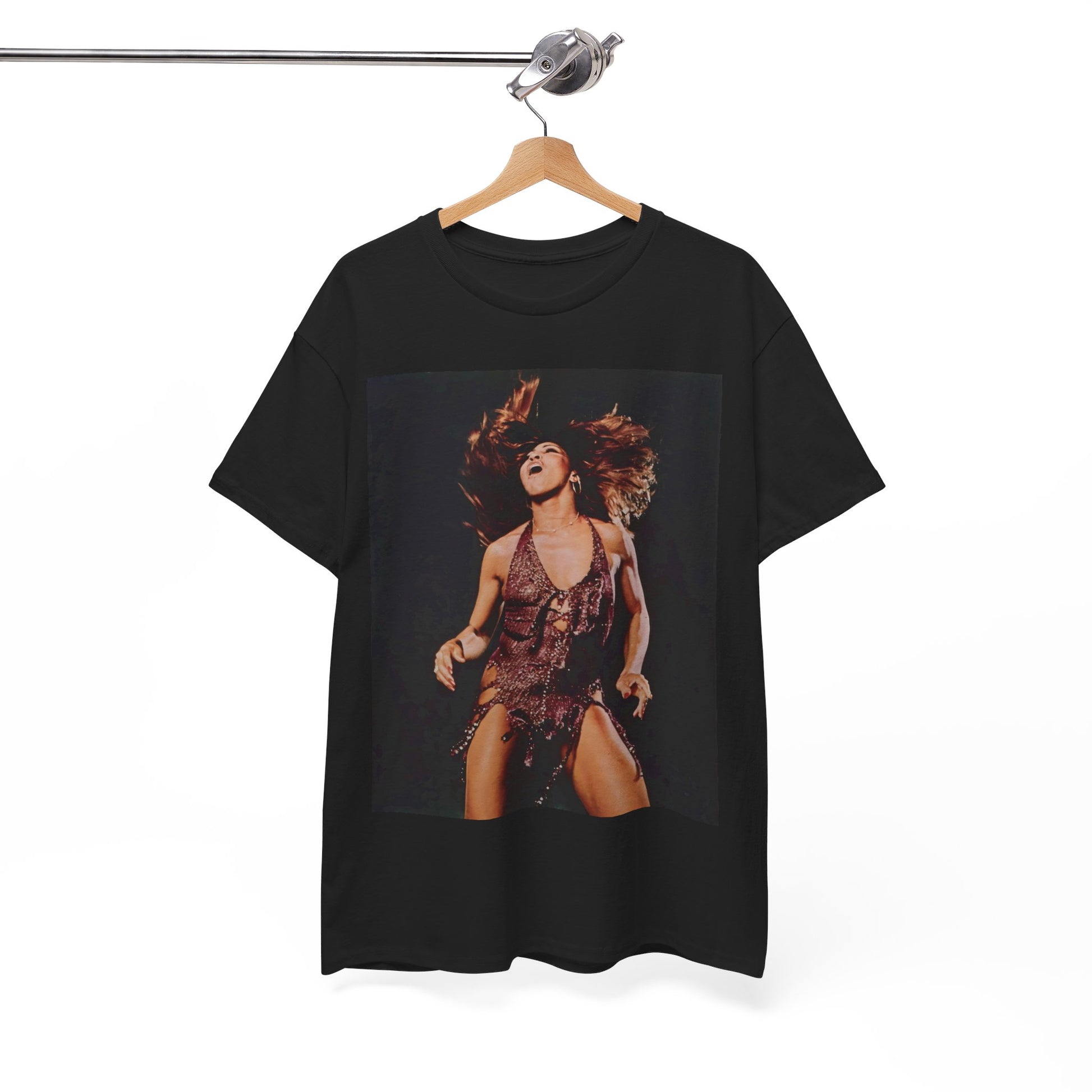 A black graphic t-shirt featuring an authentic live performance graphic of Tina Turner.