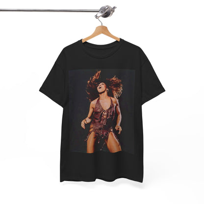 A black graphic t-shirt featuring an authentic live performance graphic of Tina Turner.
