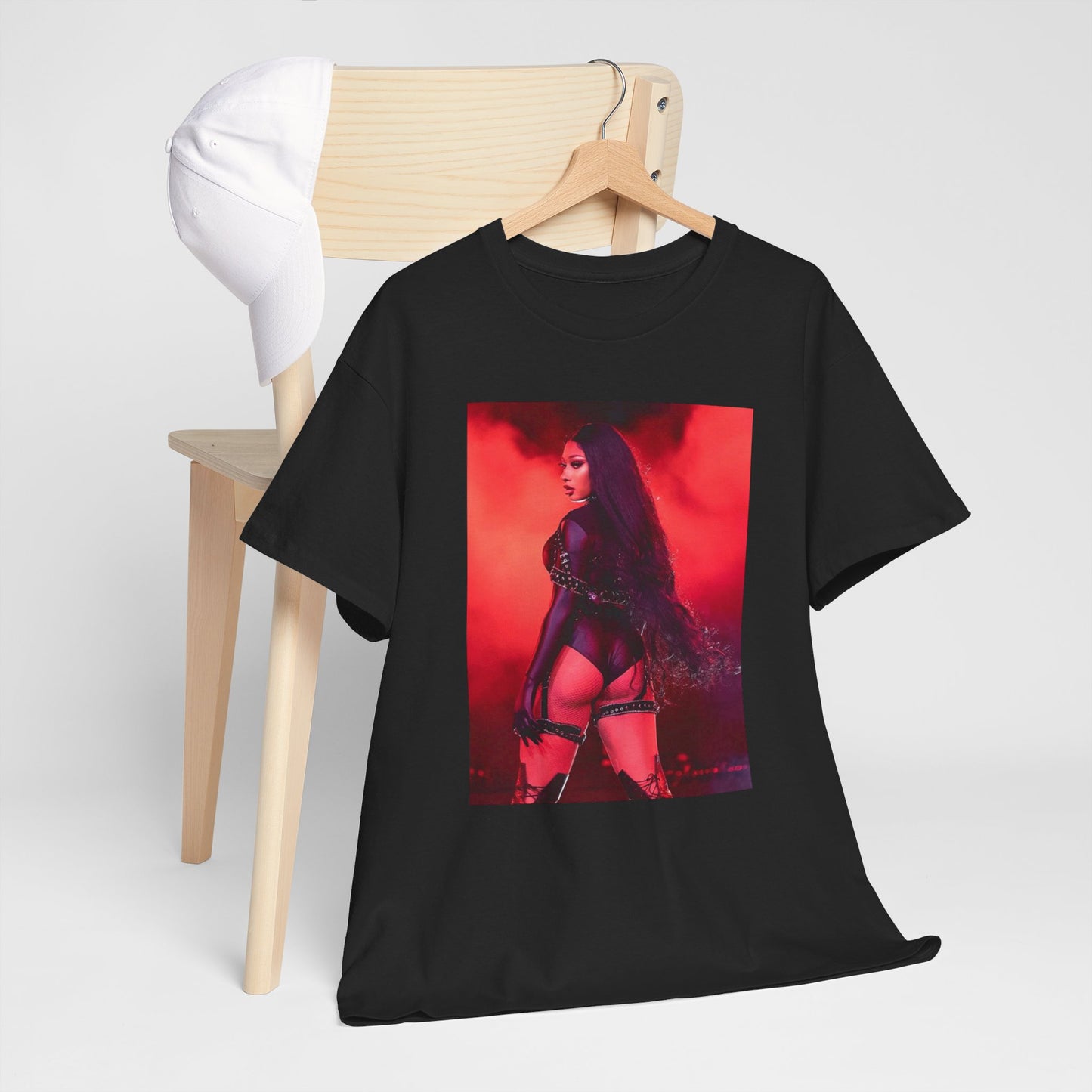 A black graphic t-shirt featuring a retro graphic related to Megan Thee Stallion's 'Savage' song or era.