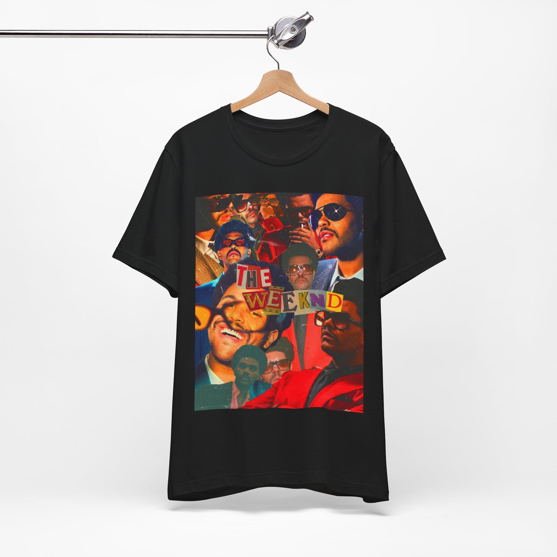 A black graphic t-shirt featuring a collage graphic of The Weeknd.
