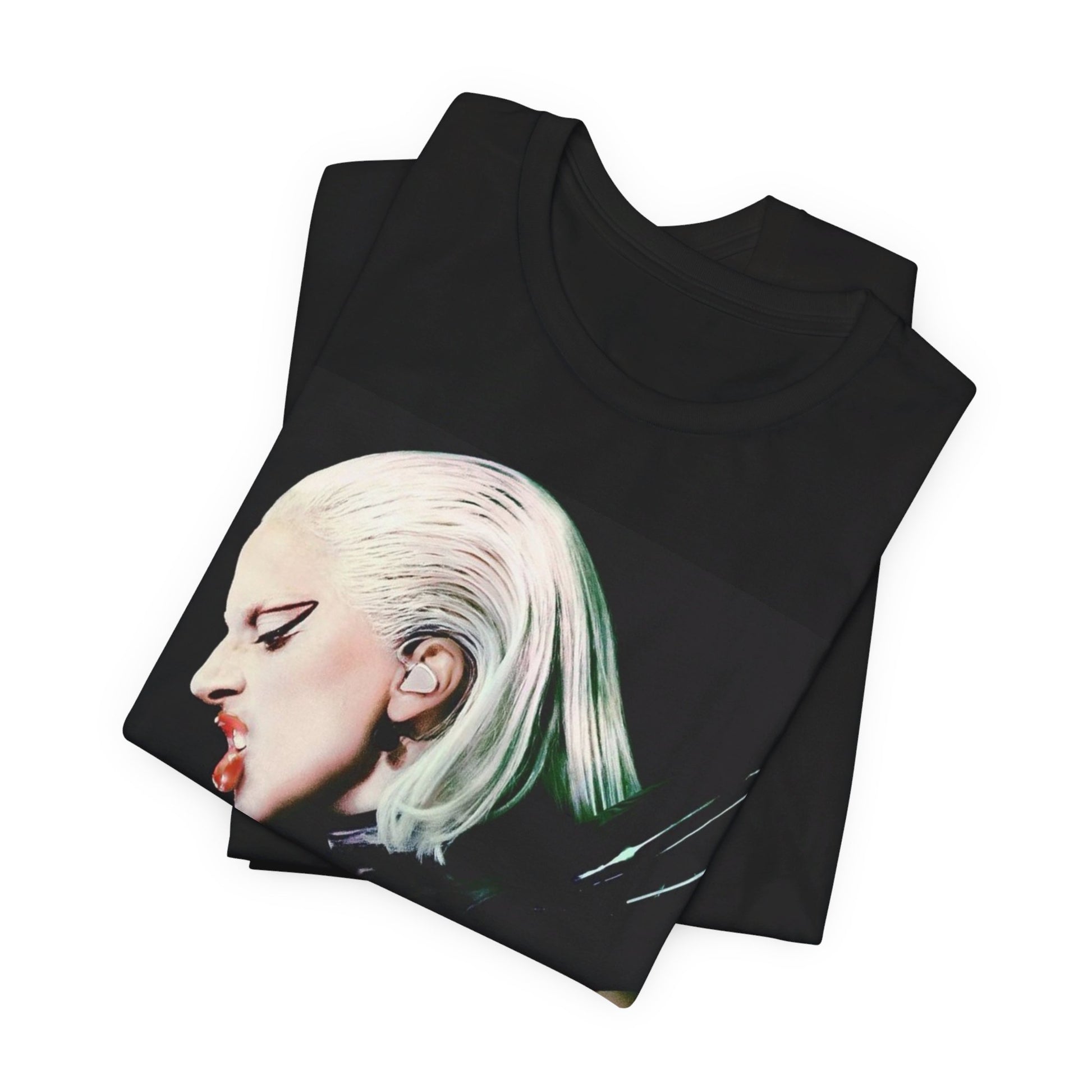 A black graphic t-shirt featuring a retro graphic related to Lady Gaga's 'The Fame Monster' album era.