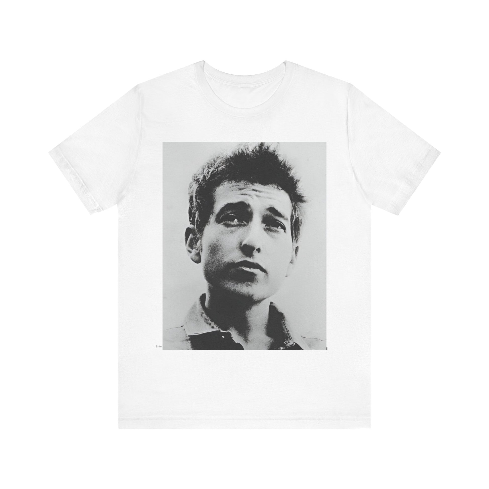 A black graphic t-shirt featuring a retro black and white folk iconic graphic of Bob Dylan.