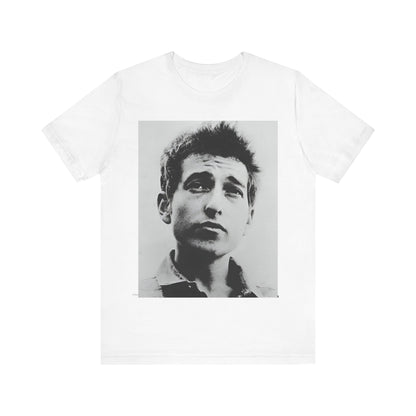 A black graphic t-shirt featuring a retro black and white folk iconic graphic of Bob Dylan.