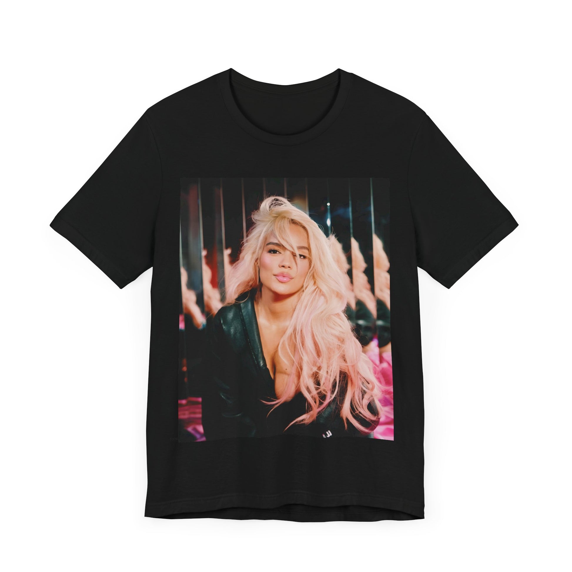 A black graphic t-shirt featuring a graphic of Karol G as an empowered Latina icon.