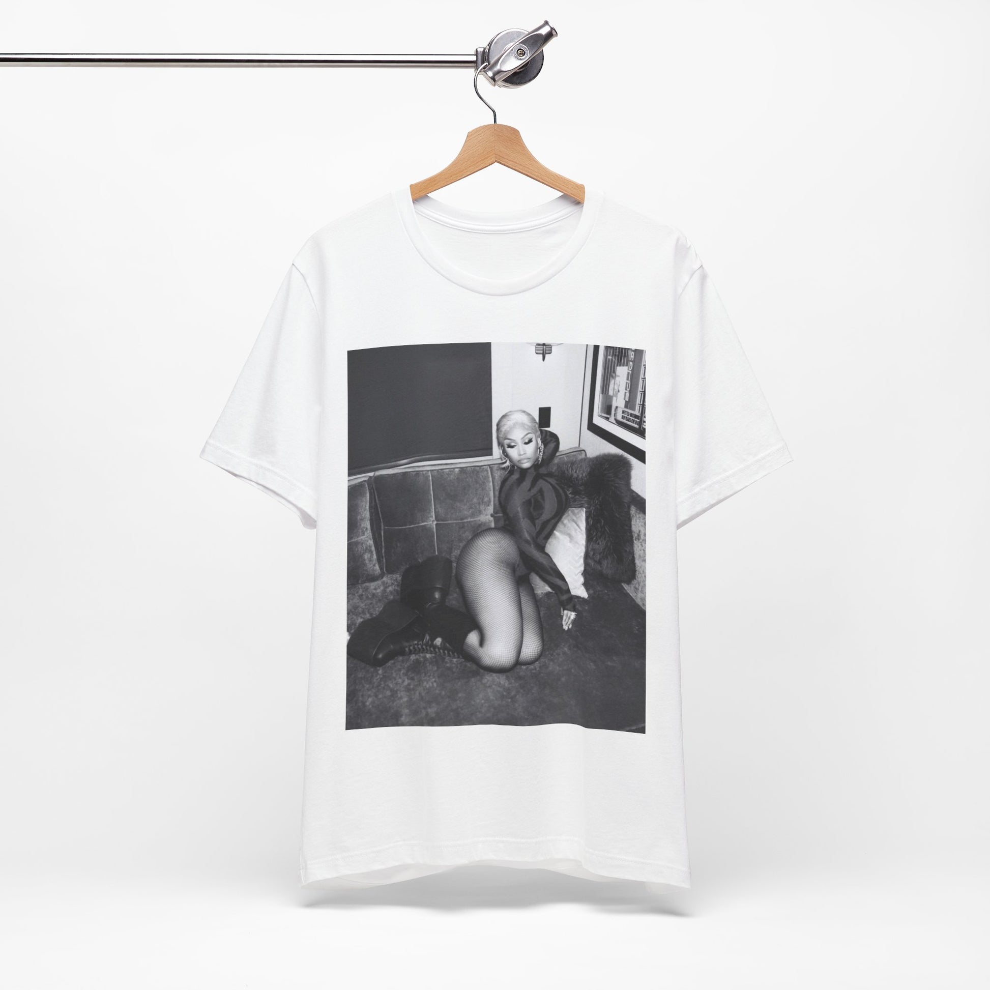 A black graphic t-shirt featuring a fierce black and white glamour graphic of Nicki Minaj.