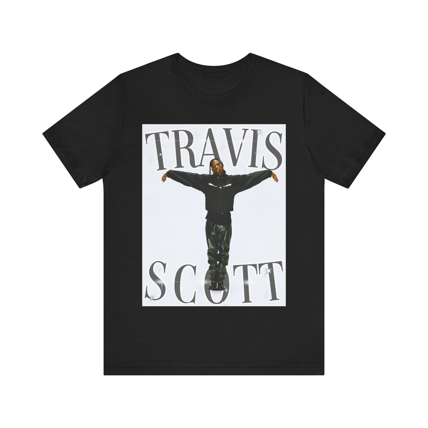A black graphic t-shirt featuring a cool streetwear icon graphic of Travis Scott.