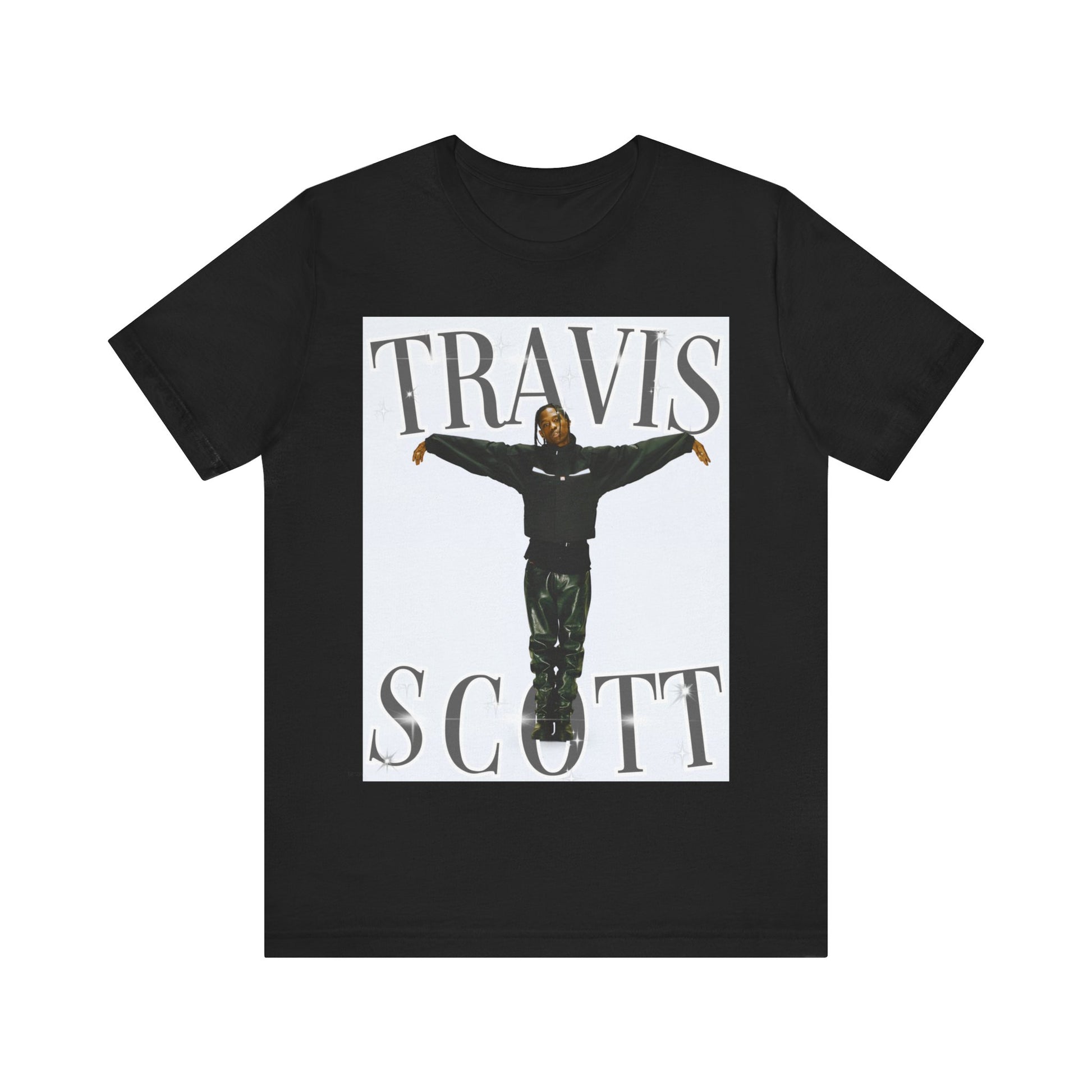 A black graphic t-shirt featuring a cool streetwear icon graphic of Travis Scott.