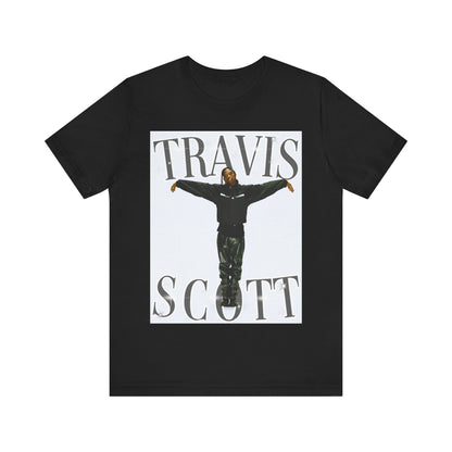 A black graphic t-shirt featuring a cool streetwear icon graphic of Travis Scott.