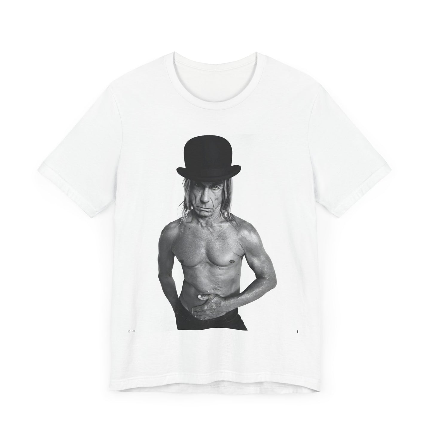 A black graphic t-shirt featuring a black and white photo of Iggy Pop wearing a hat.