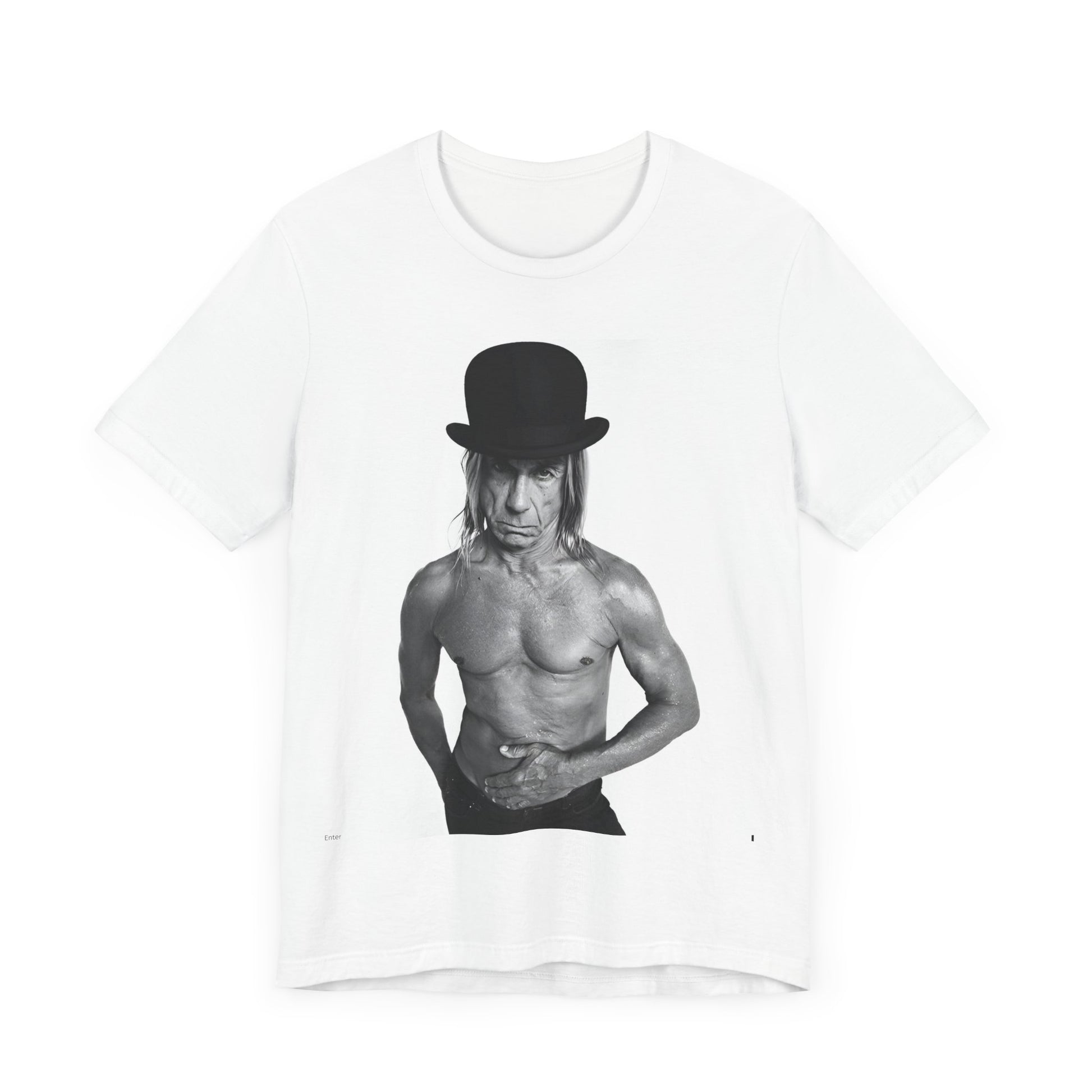A black graphic t-shirt featuring a black and white photo of Iggy Pop wearing a hat.