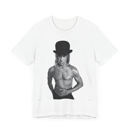 A black graphic t-shirt featuring a black and white photo of Iggy Pop wearing a hat.
