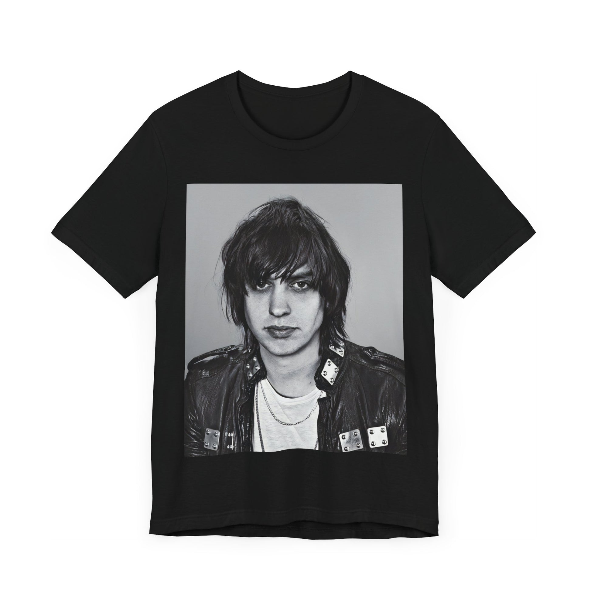 A black graphic t-shirt featuring a portrait photo of Julian Casablancas from The Strokes.