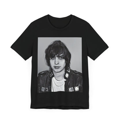 A black graphic t-shirt featuring a portrait photo of Julian Casablancas from The Strokes.