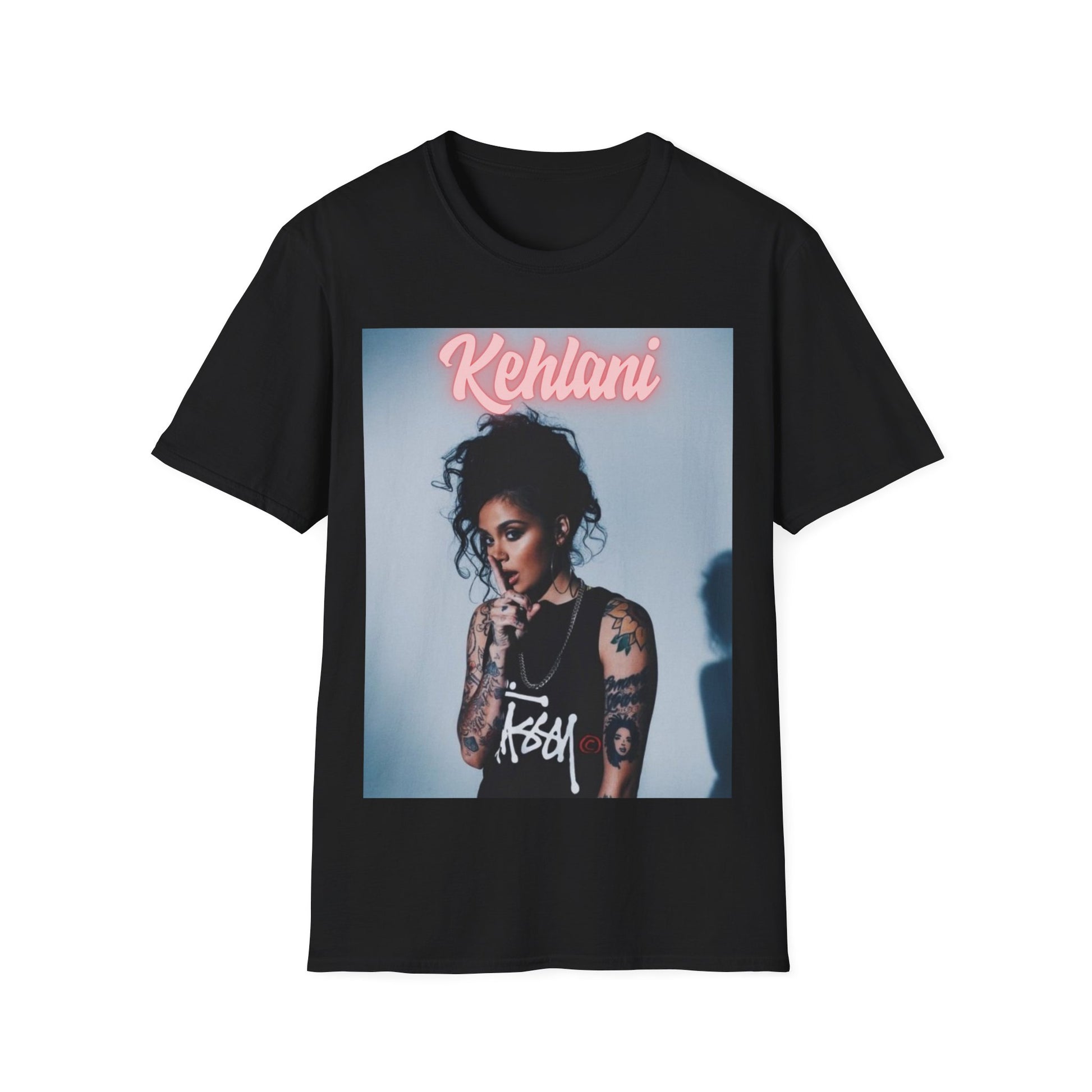 A black graphic t-shirt featuring a vintage R&B soul graphic of Kehlani.