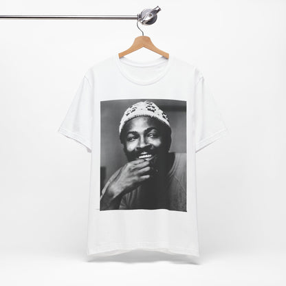 A black graphic t-shirt featuring a 70s retro portrait graphic of Marvin Gaye.