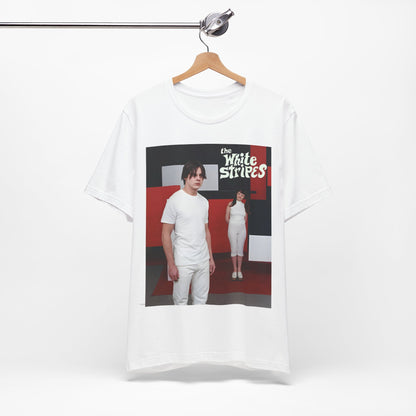 A black graphic t-shirt featuring a red and white aesthetic graphic of The White Stripes.