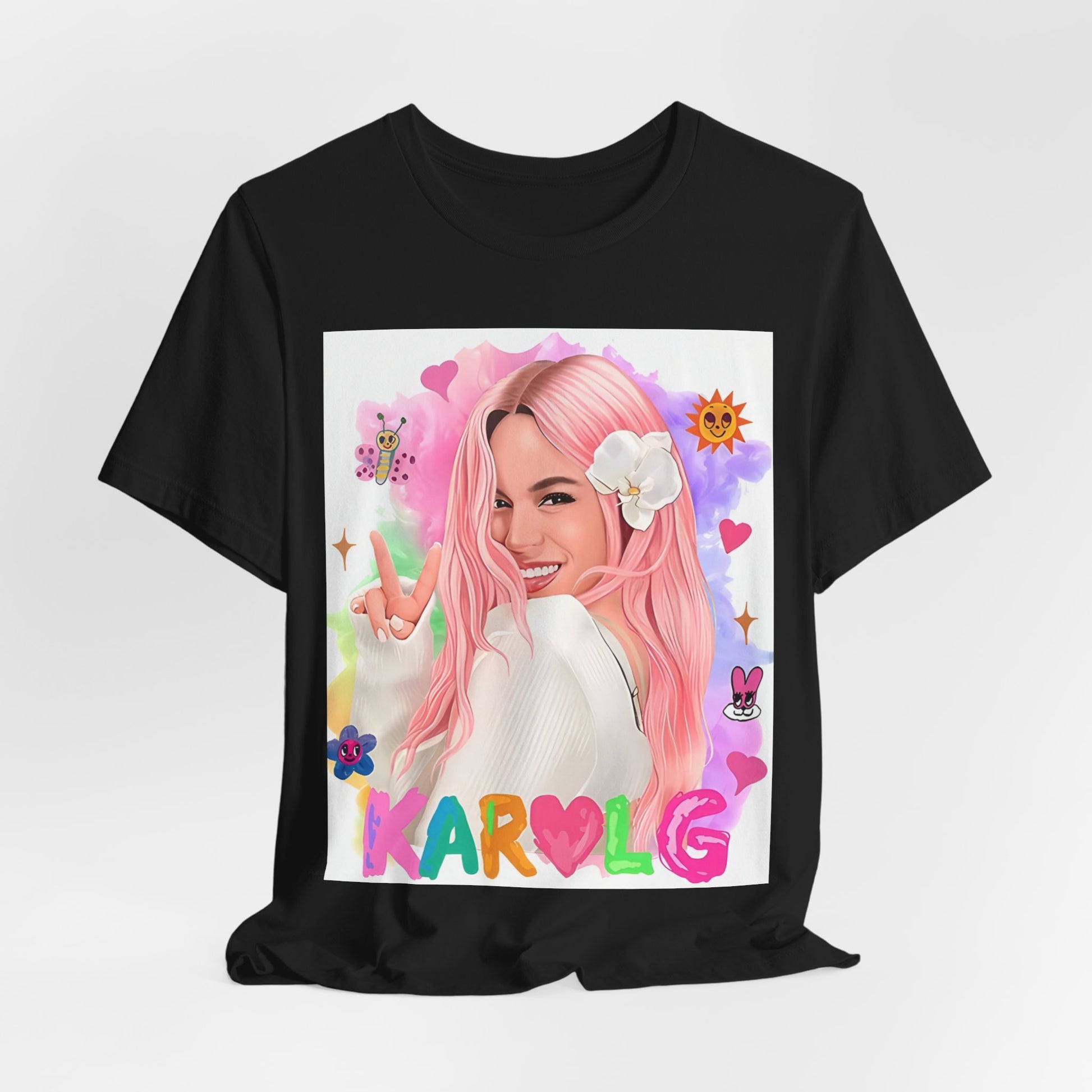 A black graphic t-shirt featuring a vintage graphic of Karol G, emphasizing her 'Bichota' persona.