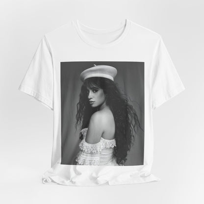 A black graphic t-shirt featuring a black and white graphic of Camila Cabello as a fierce Latina pop star.