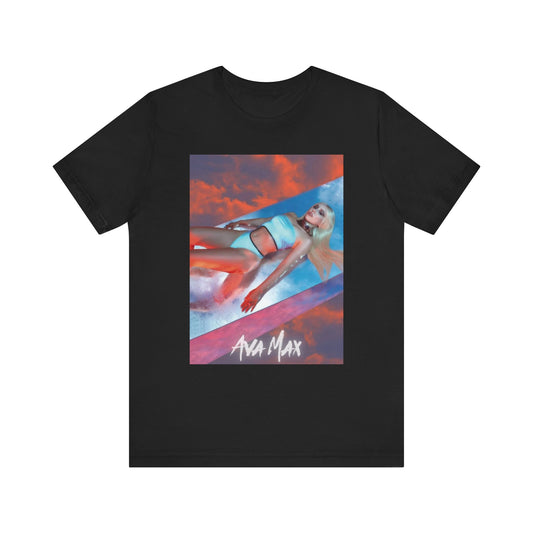 A black graphic t-shirt featuring a neon pop art style graphic of Ava Max, with bright, glowing colors.