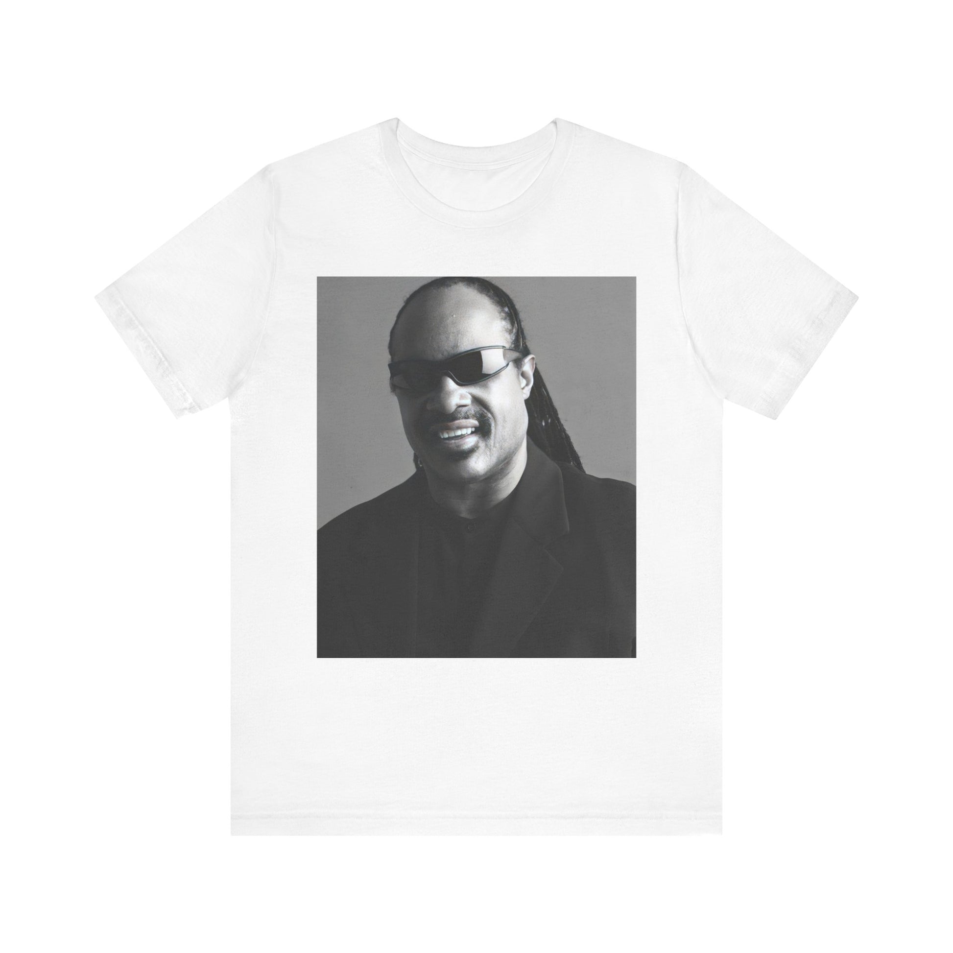 A black graphic t-shirt featuring a classic Motown legend black and white graphic of Stevie Wonder.