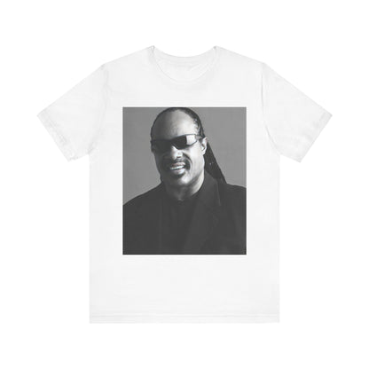 A black graphic t-shirt featuring a classic Motown legend black and white graphic of Stevie Wonder.