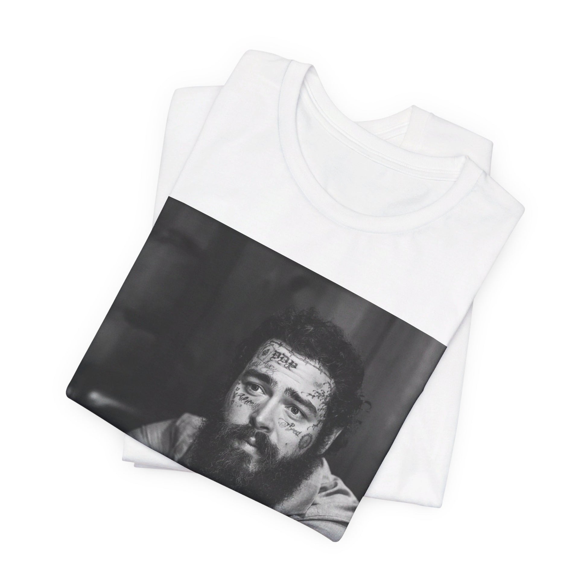 A black graphic t-shirt featuring a black and white, monochrome graphic or photo of Post Malone.
