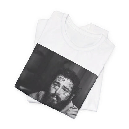 A black graphic t-shirt featuring a black and white, monochrome graphic or photo of Post Malone.