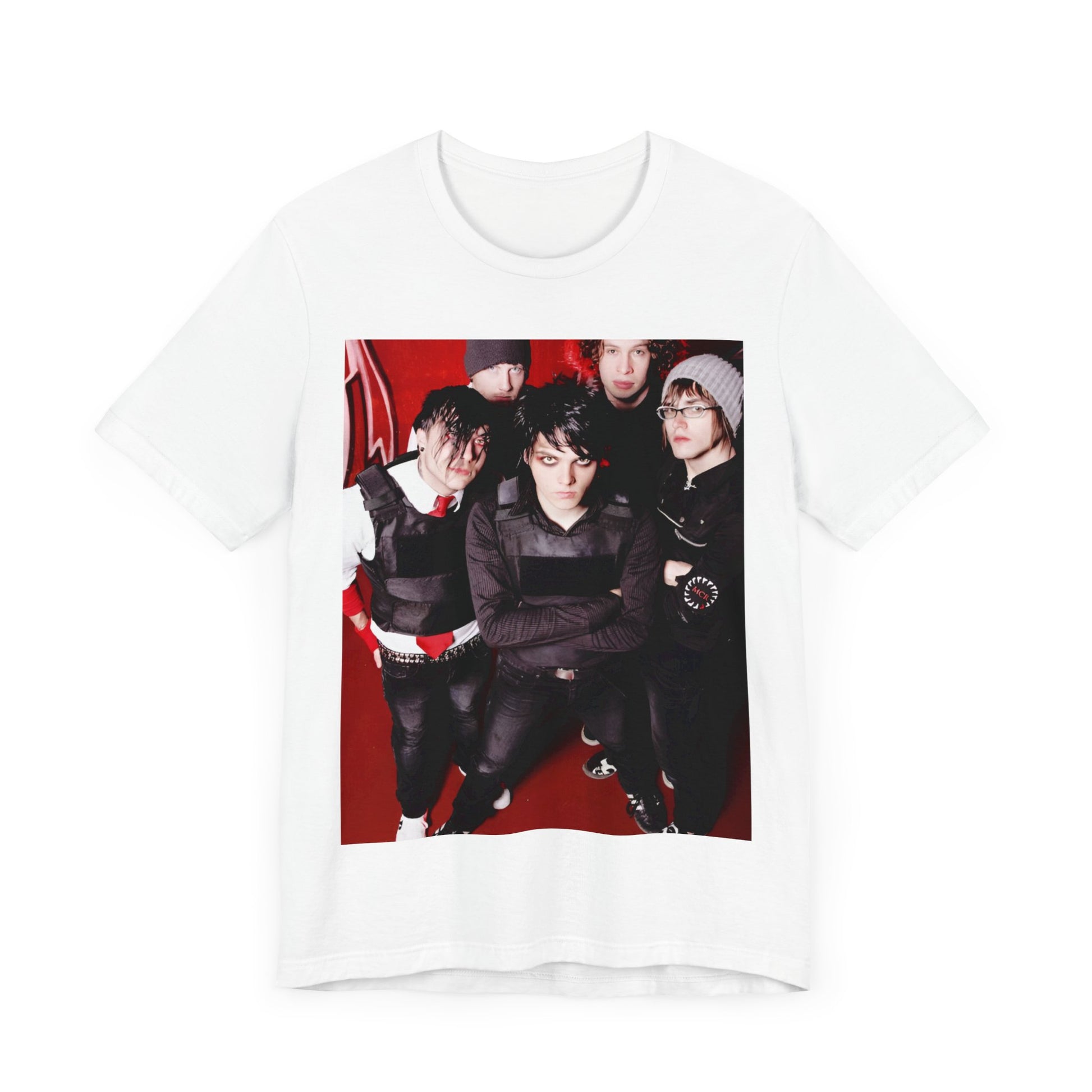 A black graphic t-shirt featuring a boxy graphic related to My Chemical Romance's 'Black Parade' album era.