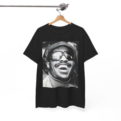 A black graphic t-shirt featuring a black and white portrait photo of Stevie Wonder.