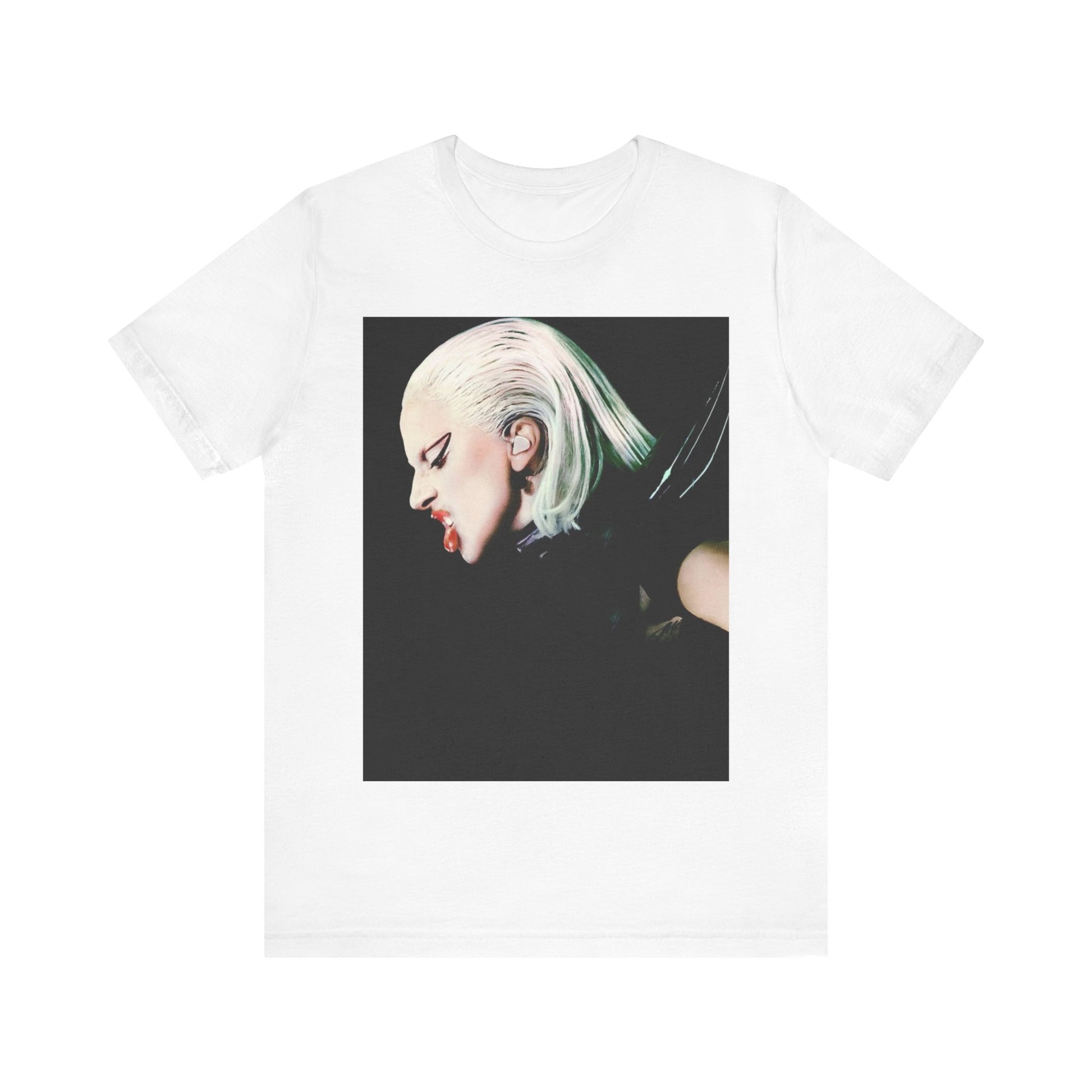 A black graphic t-shirt featuring a retro graphic related to Lady Gaga's 'The Fame Monster' album era.