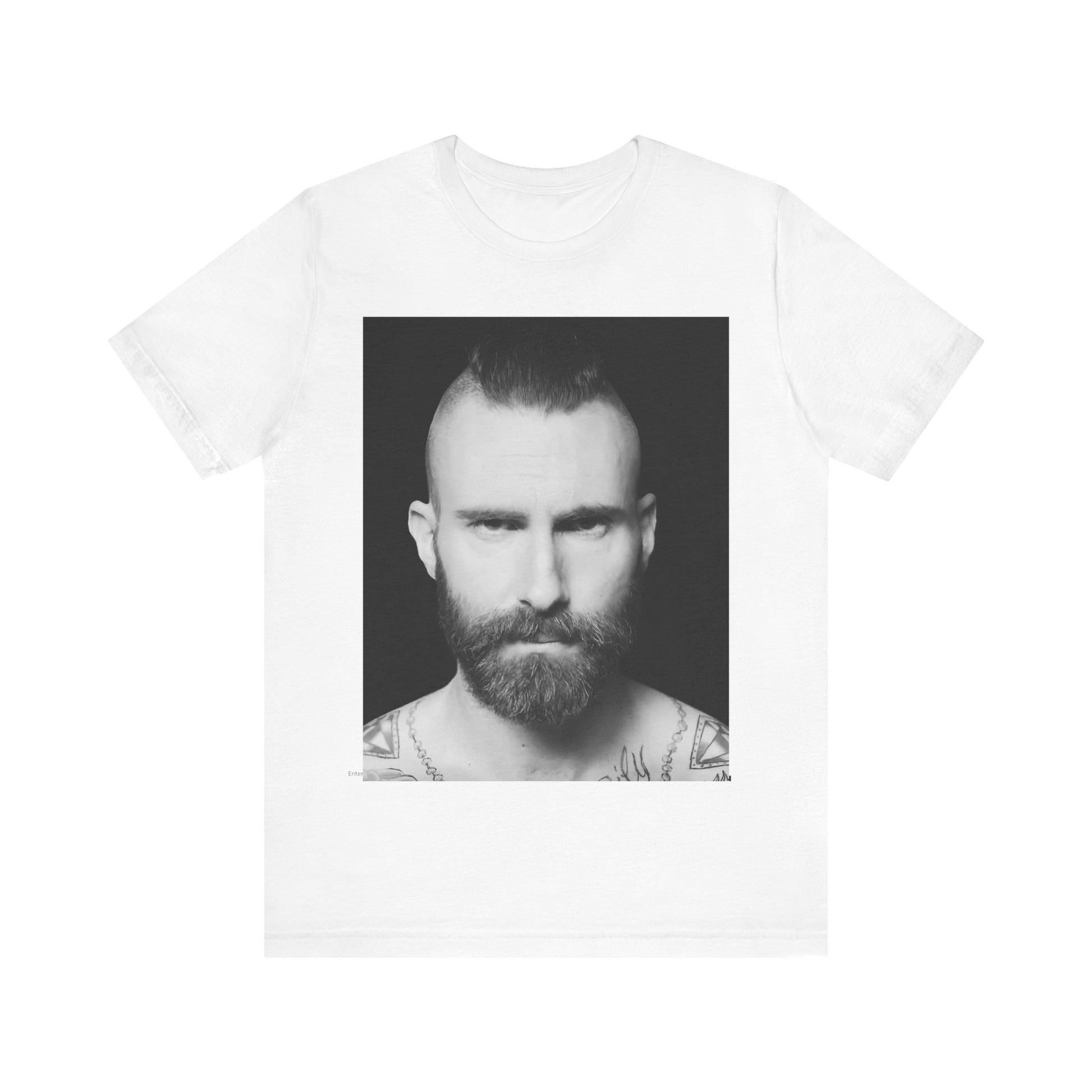 A sharp, polished studio portrait of Maroon 5 frontman Adam Levine, printed on a graphic t-shirt.