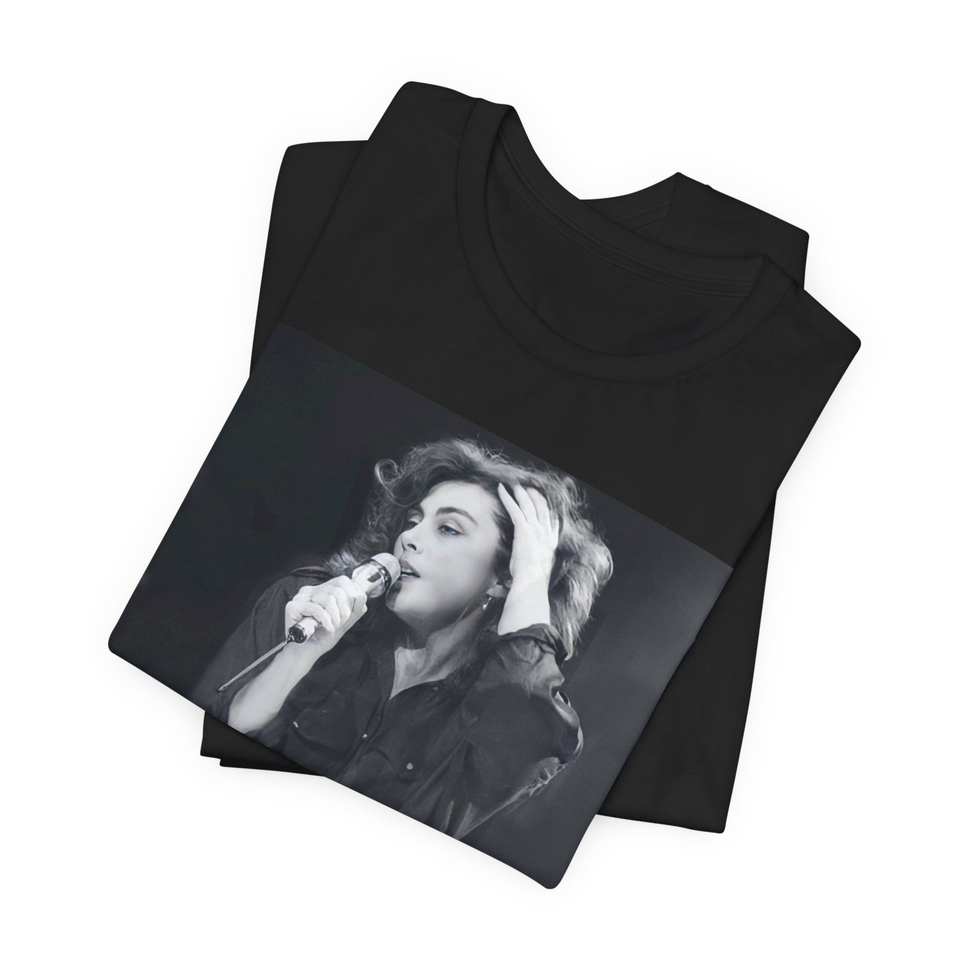 A black graphic t-shirt featuring an 80s live show graphic of Laura Branigan.