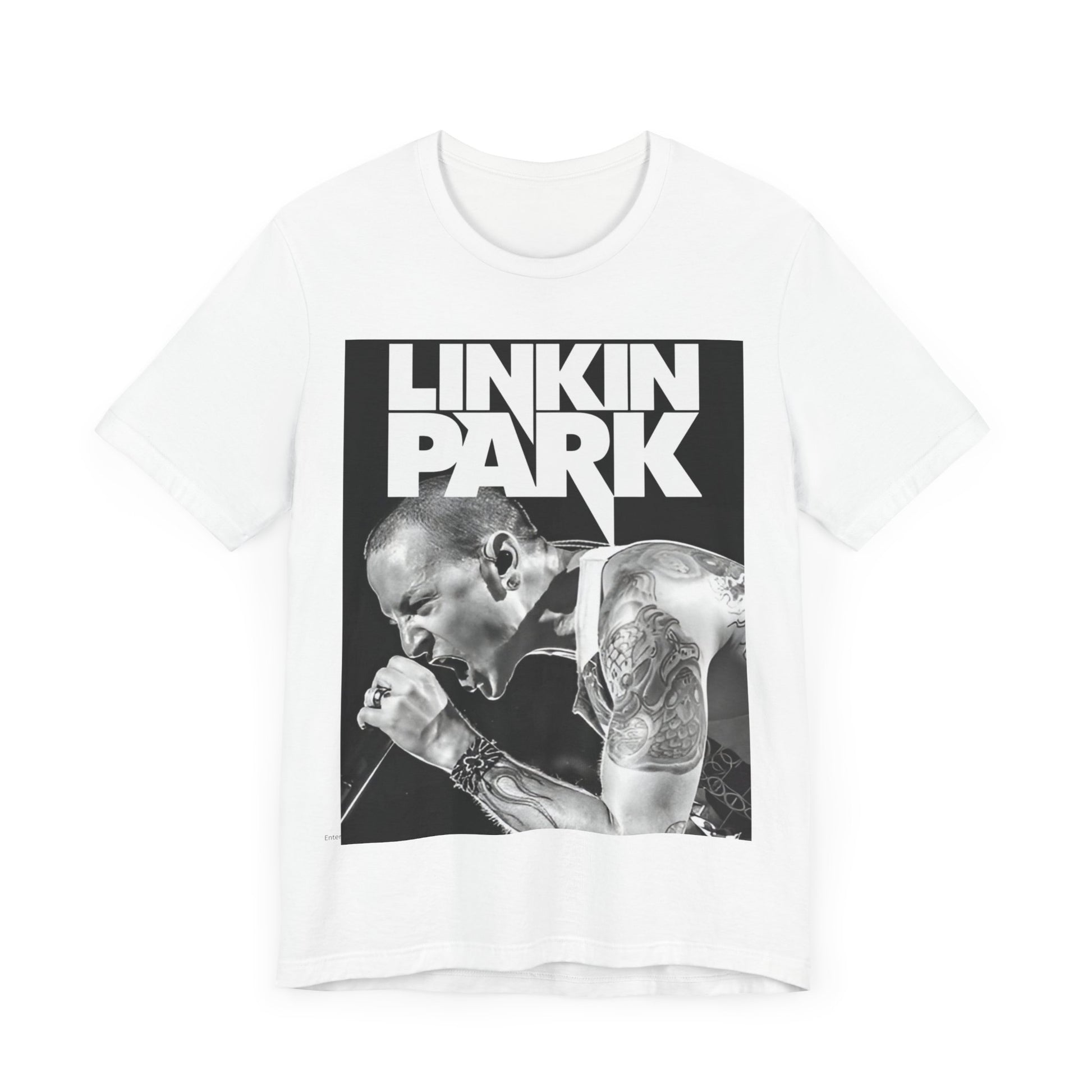 A black graphic t-shirt featuring a black and white graphic or photo portrait of Chester Bennington from Linkin Park.