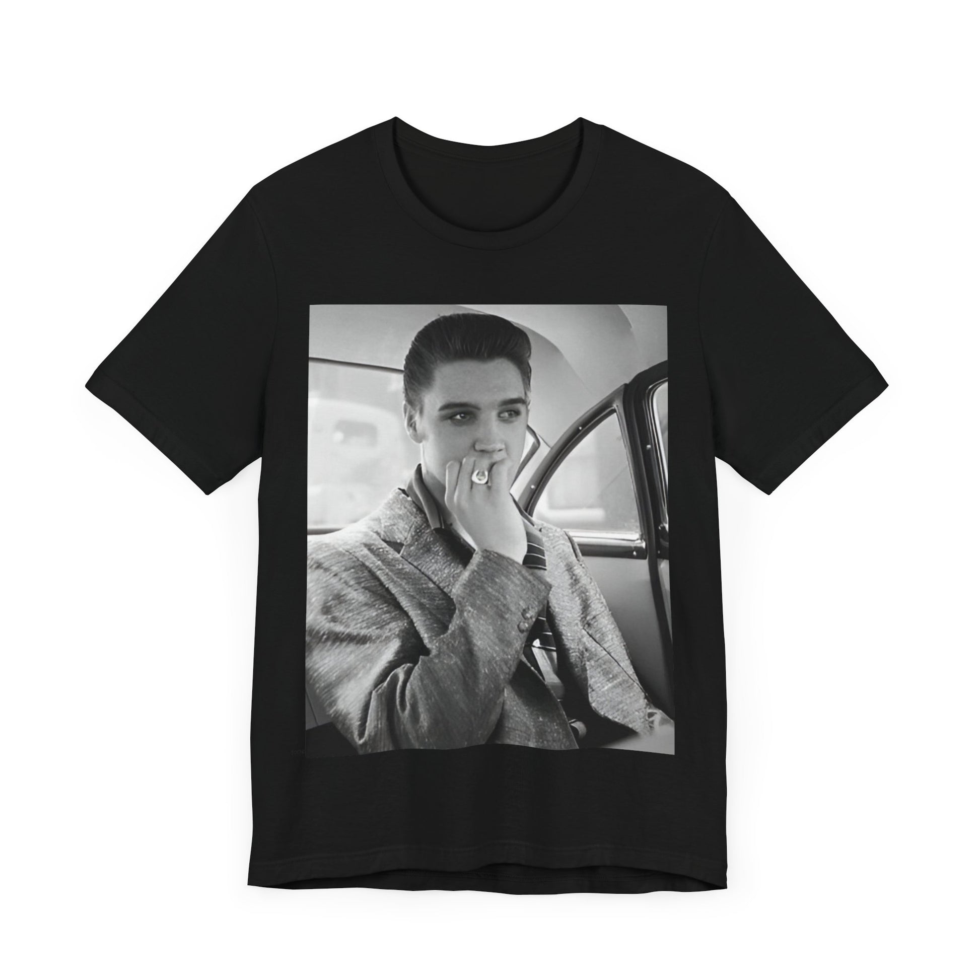A black graphic t-shirt featuring a classic 50s era graphic of Elvis Presley.