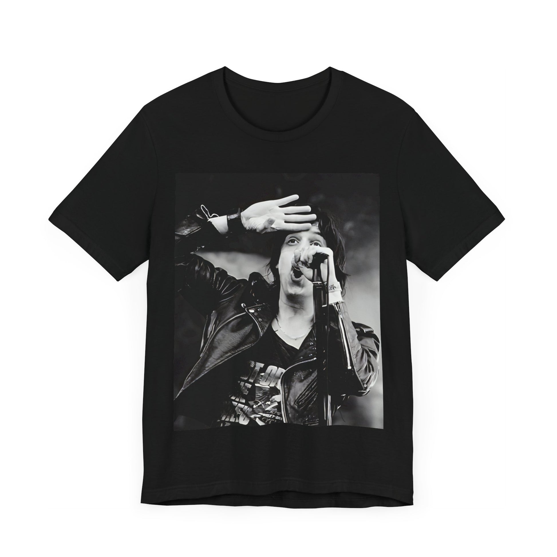 A black graphic t-shirt featuring a black and white portrait photo of The Strokes band.