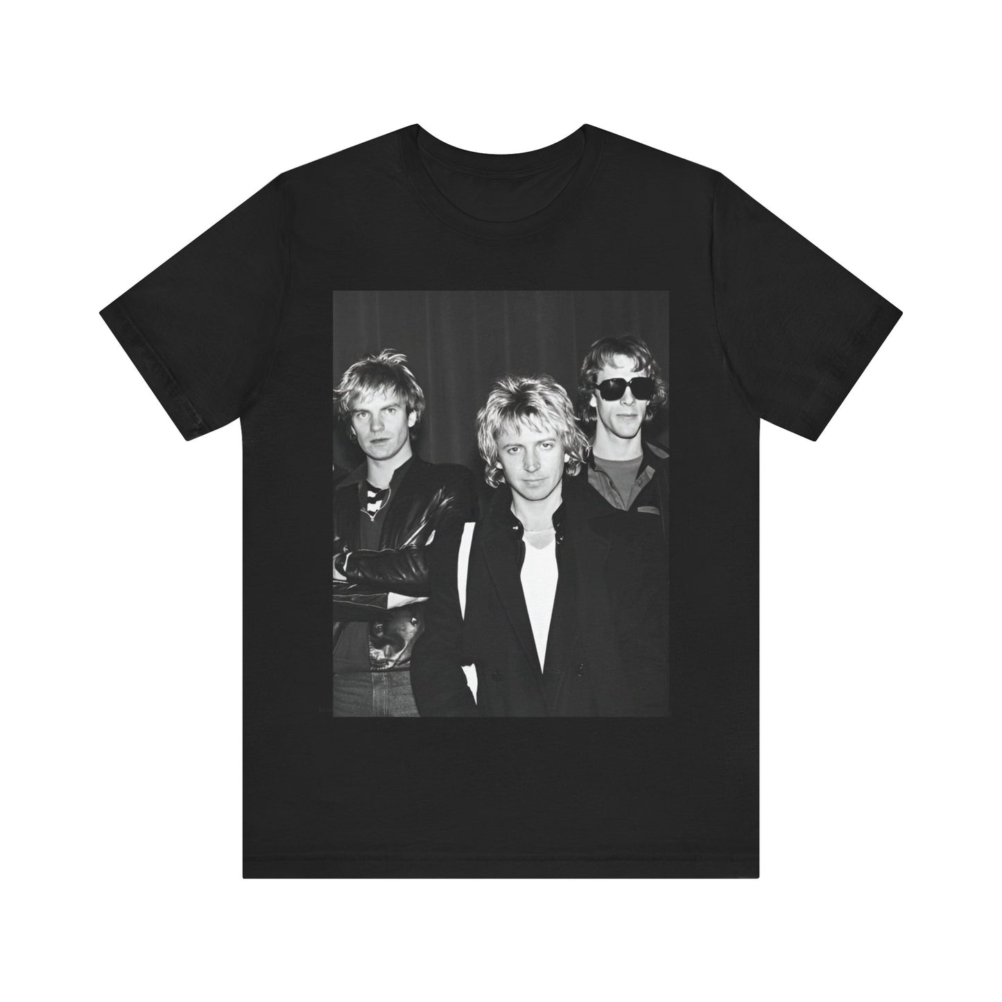 A black graphic t-shirt featuring a black and white, monochrome graphic or photo of The Police.