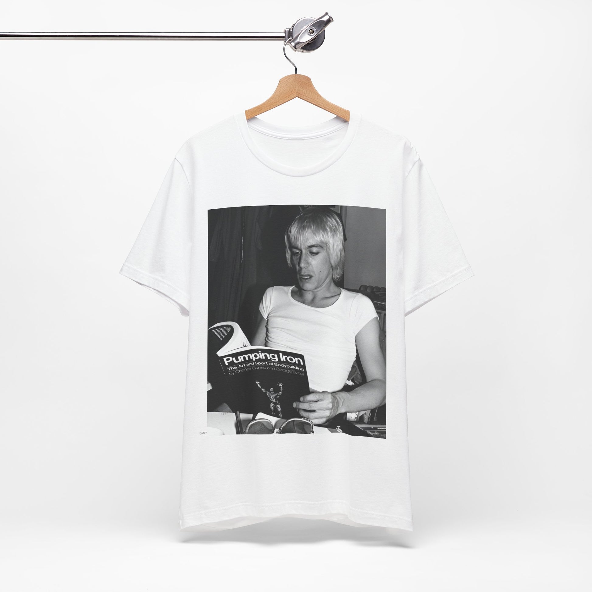 A black graphic t-shirt featuring a 70s classic photo of Iggy Pop and The Stooges.