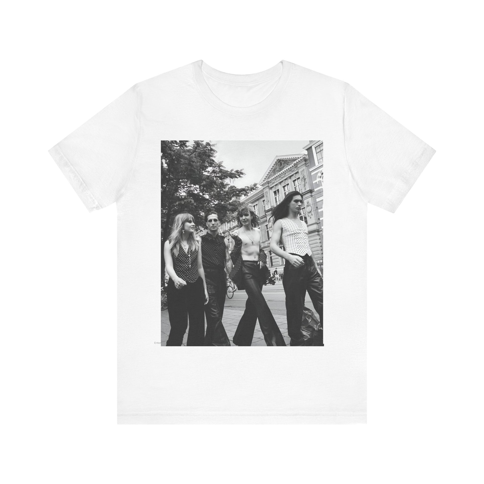 A black graphic t-shirt featuring a retro black and white monochrome graphic or photo of Maneskin.