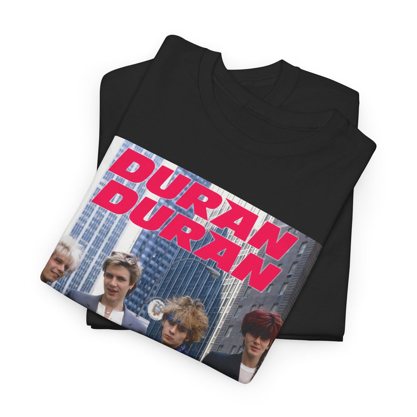 A black graphic t-shirt featuring a vintage 80s new romantic graphic of Duran Duran.