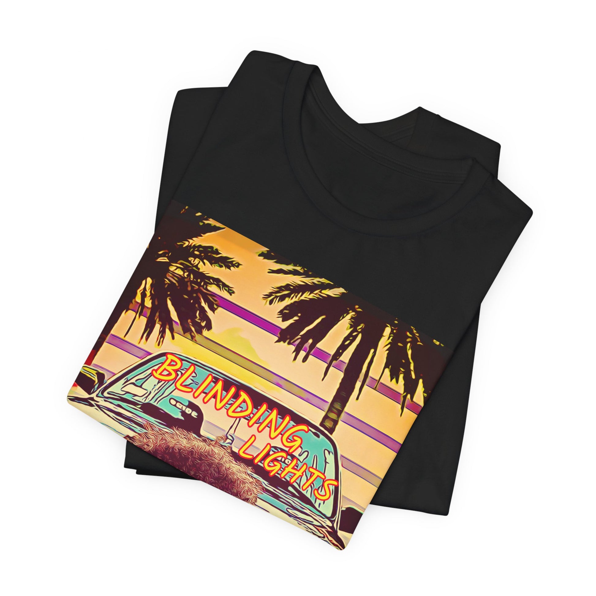 A black graphic t-shirt featuring a graphic related to The Weeknd's 'Blinding Lights' song.