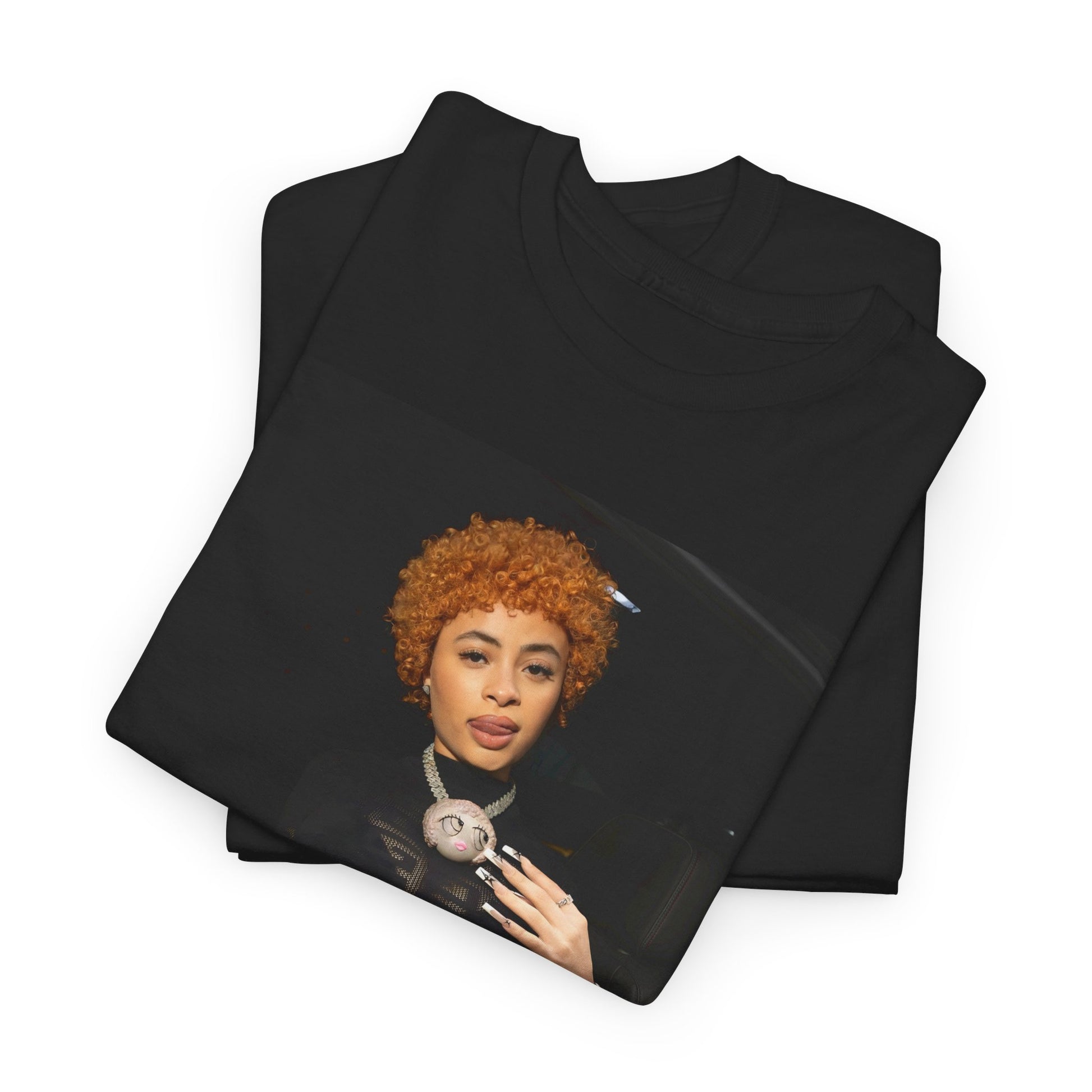 A black graphic t-shirt featuring a graphic of Ice Spice with her classic curly red hair, designed with an aesthetic style.