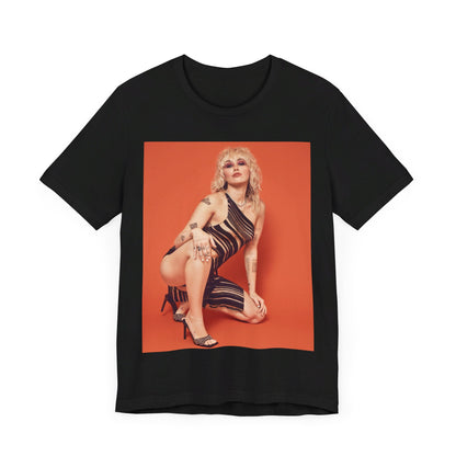 A black graphic t-shirt featuring a casual pop fan graphic of Miley Cyrus.