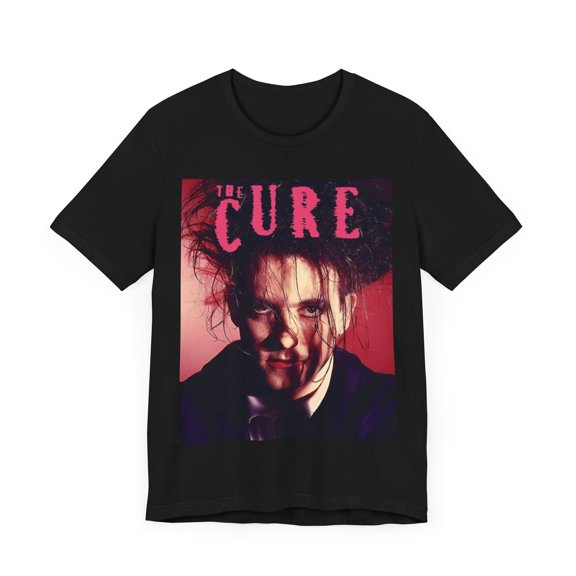 A black graphic t-shirt featuring a vintage graphic related to The Cure's 'Just Like Heaven' song or era.