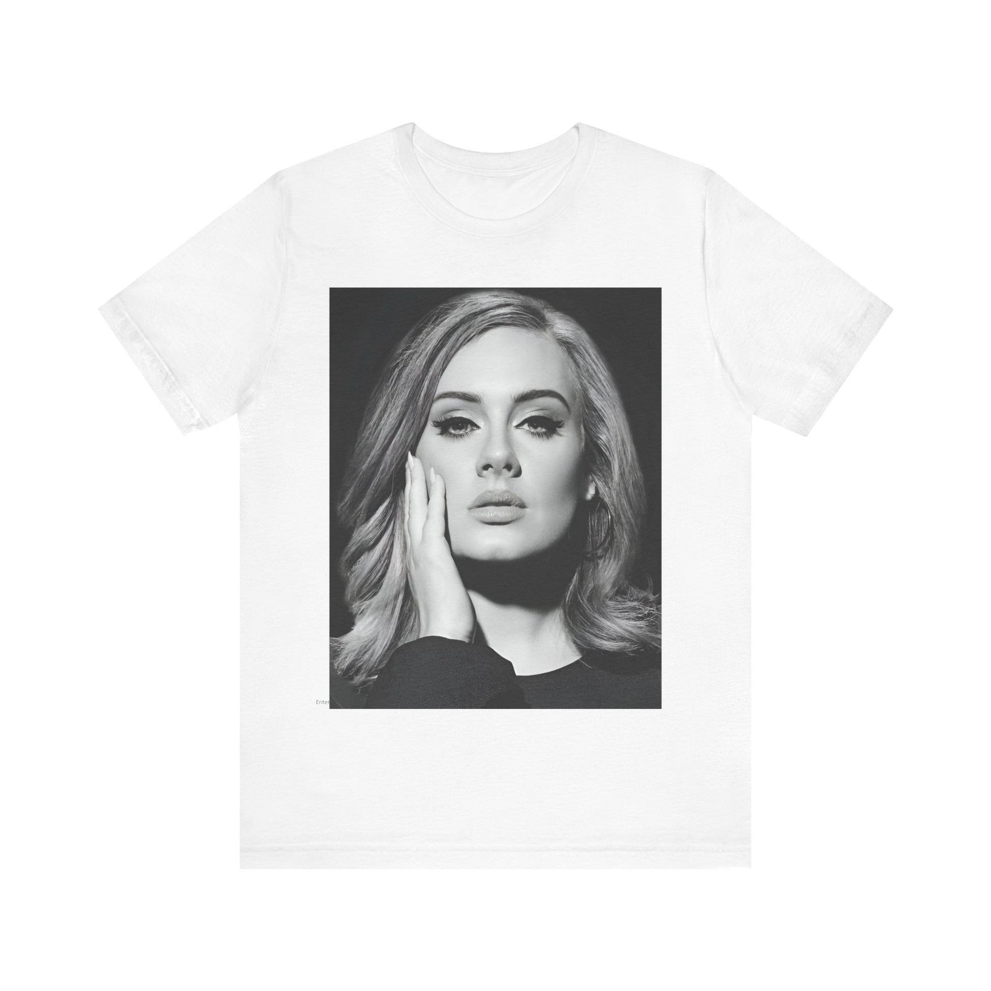 A black graphic t-shirt featuring a studio portrait of Adele from her '25' album era, showing a poised and thoughtful expression with her hair styled elegantly.