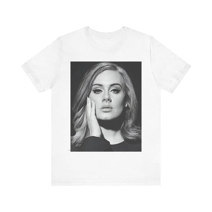 A black graphic t-shirt featuring a studio portrait of Adele from her '25' album era, showing a poised and thoughtful expression with her hair styled elegantly.