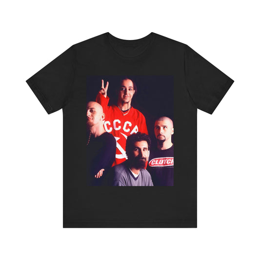 A black graphic t-shirt featuring a retro graphic related to System of a Down's 'Toxicity' album era.