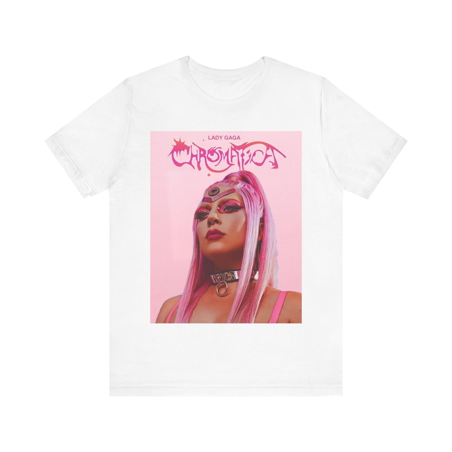 A black graphic t-shirt featuring a graphic related to Lady Gaga's 'Chromatica' album.