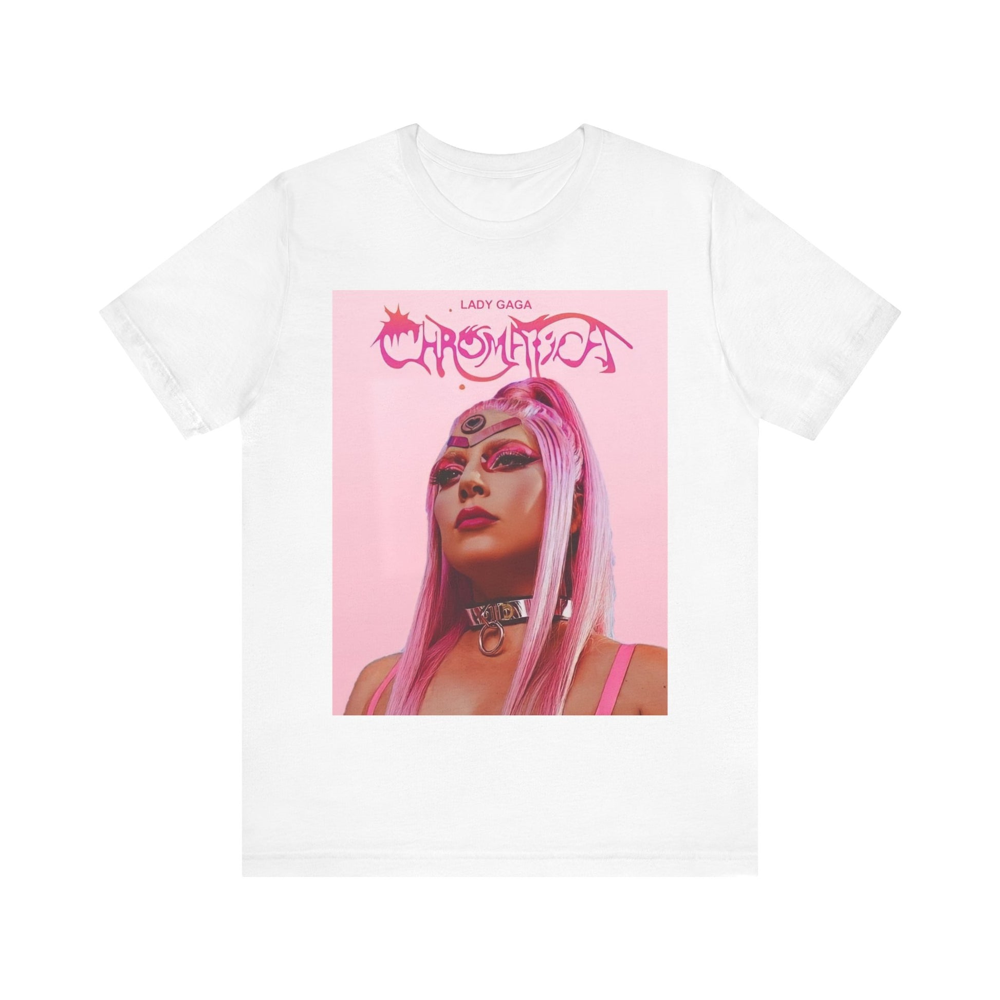 A black graphic t-shirt featuring a graphic related to Lady Gaga's 'Chromatica' album.